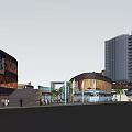 Modern Commercial Street With Greenery Water Features and Pedestrian Walkways