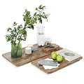 Decorative Ornament Set With Wooden Tray Green Vase Plant Candles Glassware Green Apples And Notebook
