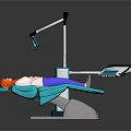 Dental Clinic Treatment Scene Patient Lying On Blue Dental Chair With Medical Light And Monitor