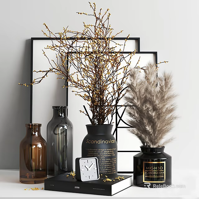 Decorative Ornament Set Featuring Vases Golden Branches Feather Decor And Framed Backdrop 3d model 