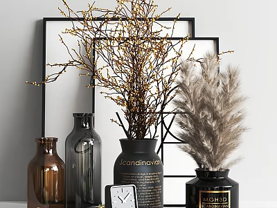 Decorative Ornament Set Featuring Vases Golden Branches Feather Decor And Framed Backdrop 3d model