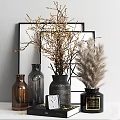 Decorative Ornament Set Featuring Vases Golden Branches Feather Decor And Framed Backdrop 3d model