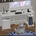 Modern White Gaming Desk With Dual Monitors Keyboard Mouse RGB Lighting And PC Case