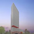 Modern Tall Office Building With Glass Facade Set Against Evening Sky And Green Trees