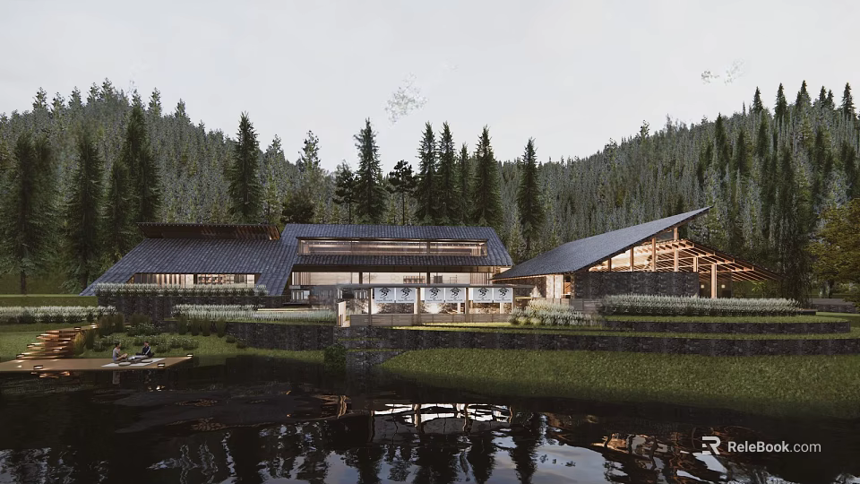 Modern Buildings Surrounded By Forest With Lake View And Water Reflection 3d model 