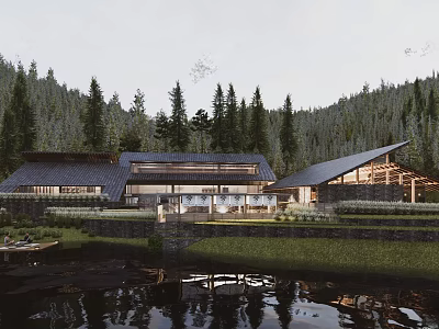 Modern Buildings Surrounded By Forest With Lake View And Water Reflection 3d model