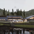 Modern Buildings Surrounded By Forest With Lake View And Water Reflection 3d model