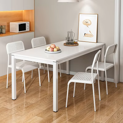 Stylish White Dining Table Set With Four Chairs And Fruit Bowl On Wooden Floor 3d model