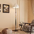 Elegant Floor Lamp With Lace Shade In Living Room Decorative Paintings Armchair And White Flowers