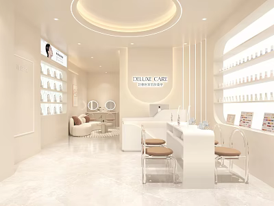 Stylish Cream Tone Beauty Hair Salon Interior Design With Nail Stations And Cozy Lounge Space 3d model