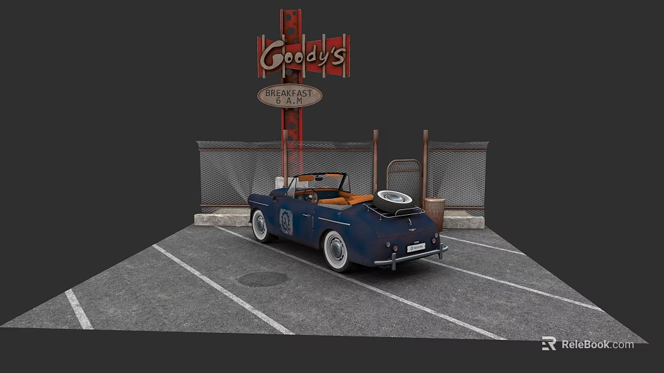 Blue Convertible Car Parked At Goody's Drive In With Fence And Sign 3d model 