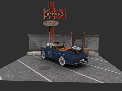 Blue Convertible Car Parked At Goody's Drive In With Fence And Sign 3d model