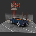 Blue Convertible Car Parked At Goody's Drive In With Fence And Sign