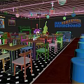 Blue Underground Interior Scene Featuring Wooden Tables Chairs Blue Stools Red Carpet And Diamond Tiles