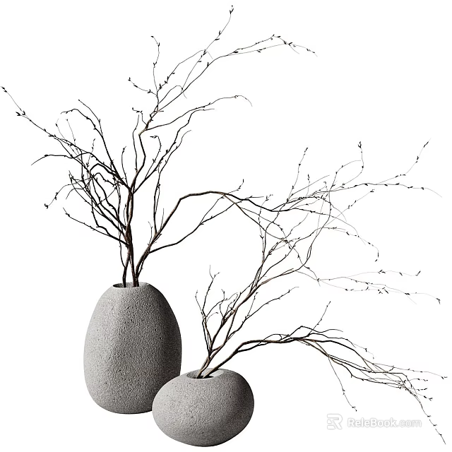 Minimalist Decorative Ornament Set With Egg Shaped Stone Vases And Dry Branches 3d model 