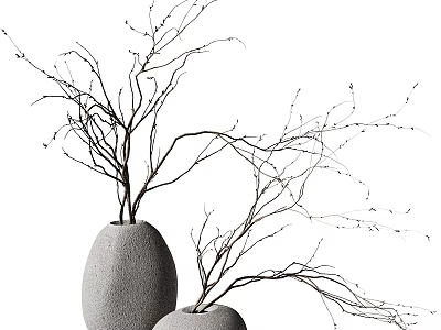 Minimalist Decorative Ornament Set With Egg Shaped Stone Vases And Dry Branches 3d model