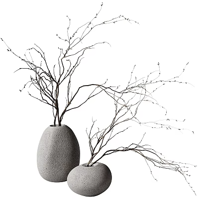 Minimalist Decorative Ornament Set With Egg Shaped Stone Vases And Dry Branches 3d model