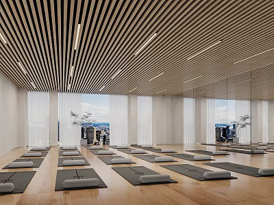 Modern Yoga Studio Design With Wooden Floor Arranged Mats And White Curtains 3d model