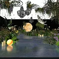Enchanting Stage Decor With Crystal Chandeliers Greenery Flowers Moon And Water Reflection