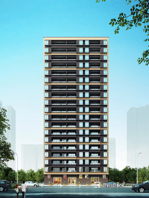 Modern High Rise Residential Building With Windows Balconies Dark And Light Exterior Under Blue Sky 3d model 