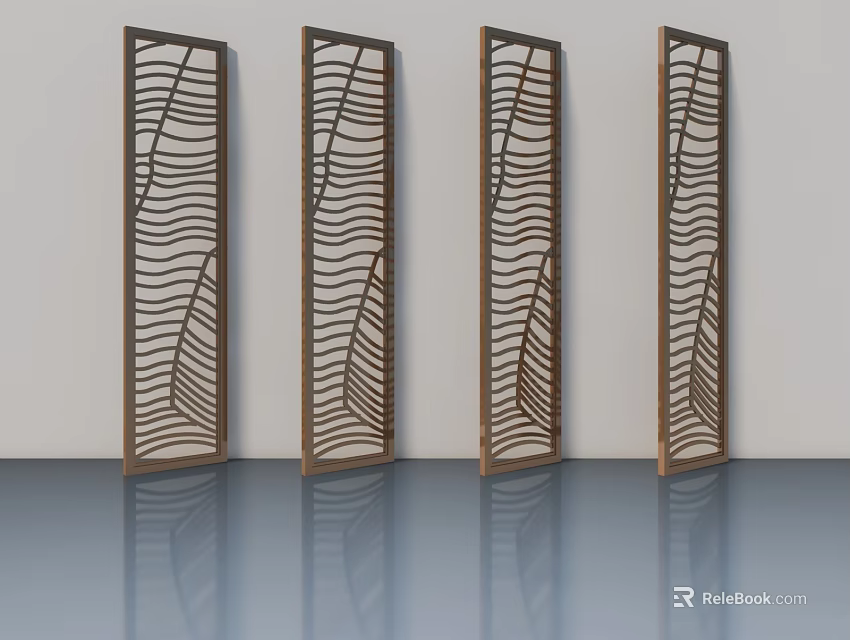 Four Wooden Swing Doors With Wavy Pattern Carved For Interior Design 3d model
