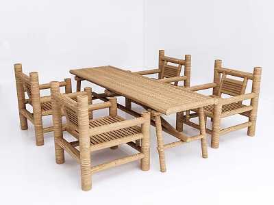 Natural Woven Table And Chair Set With Rectangular Table And Four Chairs 3d model