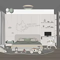 Kids Room Interior With Bed Green Pillows Cartoon Whale Wall Art And Toy Car