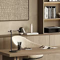 Modern Home Office Desk Chair Set With Wooden Bookshelves Wall Art And Table Lamp