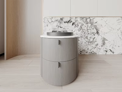 Elegant Modern Entryway Side Cabinet With Round Gray Design White Top And Marble Backdrop 3d model