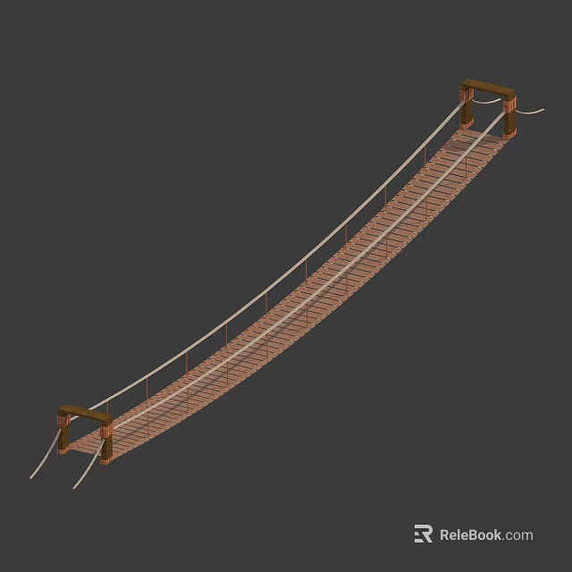 Suspension Bridge Structure With Wooden Planks Ropes And Support Towers Design 3d model 
