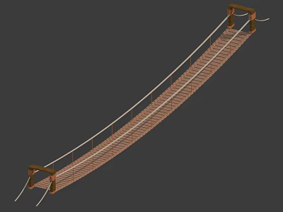 Suspension Bridge Structure With Wooden Planks Ropes And Support Towers Design 3d model