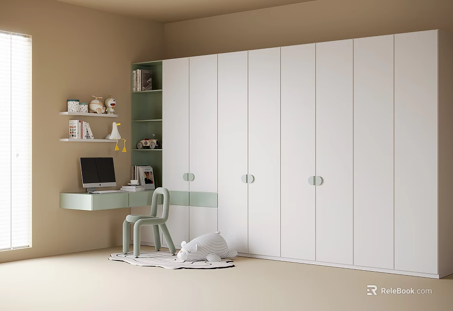 White Wardrobe in Beige Room with Green Bookshelf Desk Computer Chair and Rug 3d model 