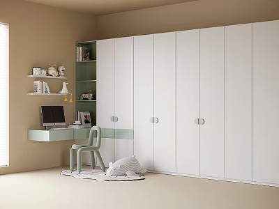 White Wardrobe in Beige Room with Green Bookshelf Desk Computer Chair and Rug 3d model White Wardrobe in Beige Room with Green Bookshelf Desk Computer Chair and Rug 3d model