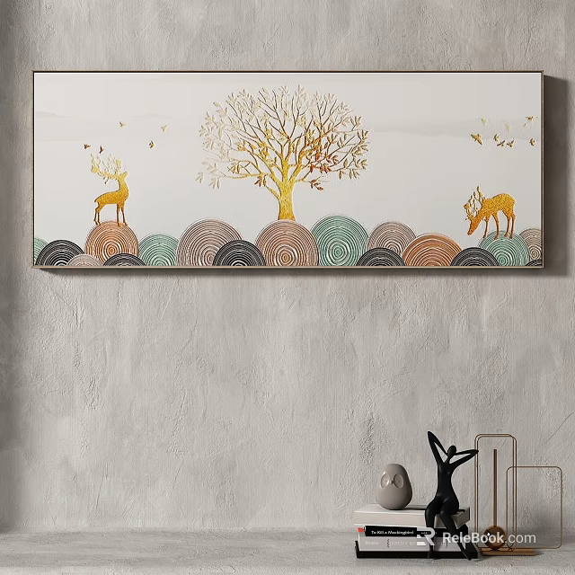 Wall Mounted Artwork With Golden Tree Deer And Colorful Circular Patterns 3d model