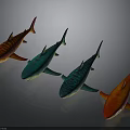 Colorful Sharks in Red Blue Green and Orange Hues Arranged on Gray Surface