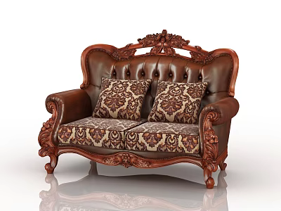 Vintage Carved Wooden Frame Double Sofa With Leather Armrest And Patterned Cushions 3d model