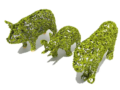 Green Plant Sculptures Shaped As Three Pigs In Large Medium And Small Sizes 3d model