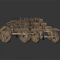 Old Wooden Cart Loaded With Logs And Sacks On Dark Surface