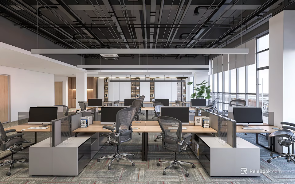 Modern Public Office Space Interior With Open Workstations Computer Monitors Ergonomic Chairs And Large Windows 3d model