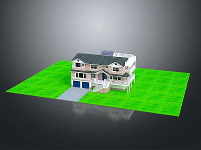 Two Story Single Family House With Green Lawn Gray Roof White Railings And Solar Panels 3d model