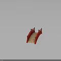 Red Arch Bridge With Red Railings Black Spherical Finials And Wooden Deck