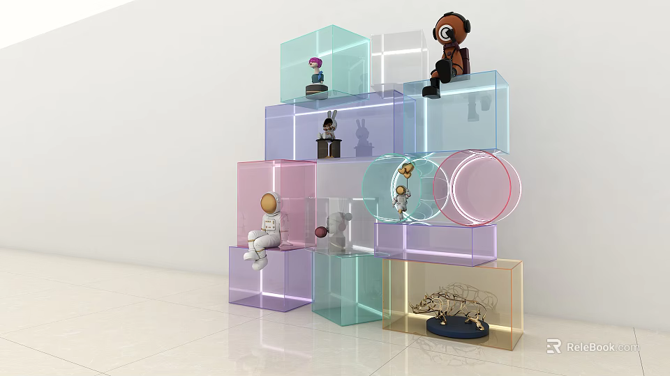 Transparent Colorful Display Cabinet With Cubes Circles And Decorative Figurines 3d model 