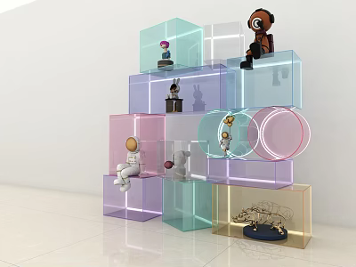 Transparent Colorful Display Cabinet With Cubes Circles And Decorative Figurines 3d model