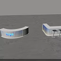 Modern Exhibition Reception Desk With White And Blue Lighting And Bar Stools