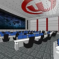 Control Room Interior With Multiple Desks Seats And Red Ceiling Decoration 3d model