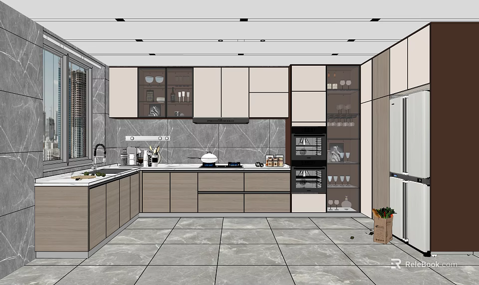Modern Kitchen Interior With Marble Countertop Cabinets Appliances Window And Ceiling Lights 3d model
