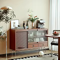 Wooden Sideboard With Glass Doors Holding Tableware And Decorative Items In Modern Home Interior