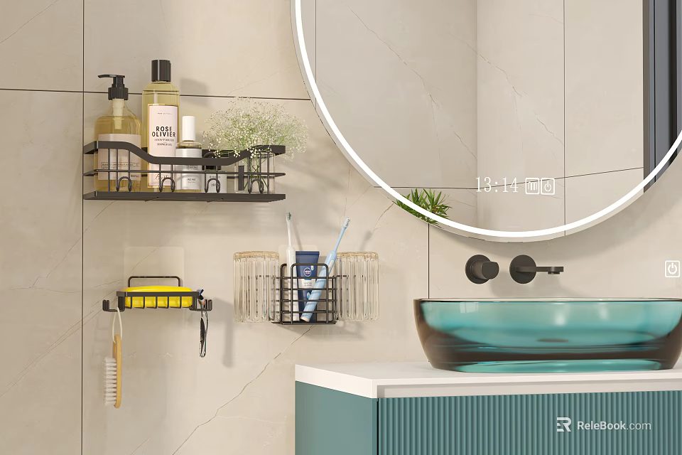 Modern Bathroom Interior With Wall Cabinets Mirror Shelves Teal Sink And Toiletries Storage 3d model 
