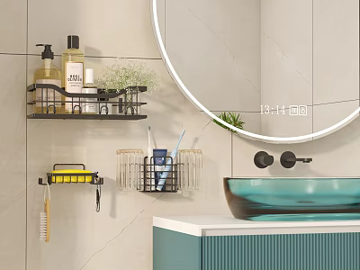 Modern Bathroom Interior With Wall Cabinets Mirror Shelves Teal Sink And Toiletries Storage 3d model