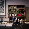 Chinese Style Decorative Ornaments Set With Wooden Shelf Green Plant Candles And Red Fu Character
